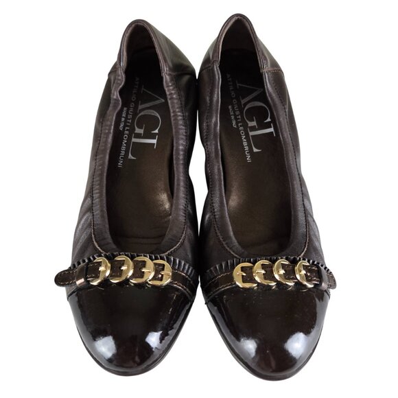 AGL Shoes - AGL Brown Napa Leather Cap Toe Ballet Flat 40 Gold Ornaments, Glove Fit